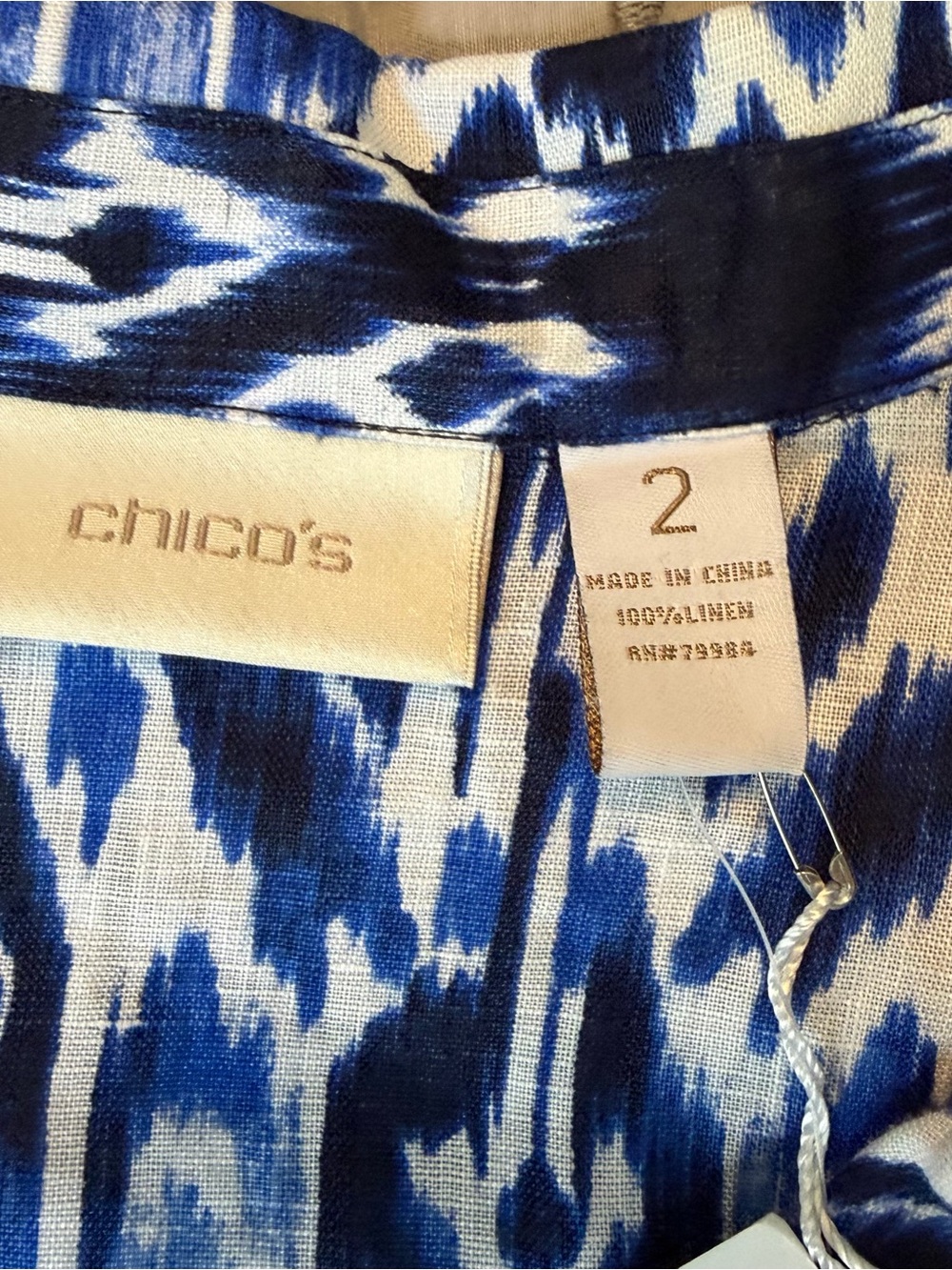 Chico's Shirt Sz 2 Large Linen Women’s Blue/White Ikat Abstract 100% Linen Tunic - Picture 6 of 11